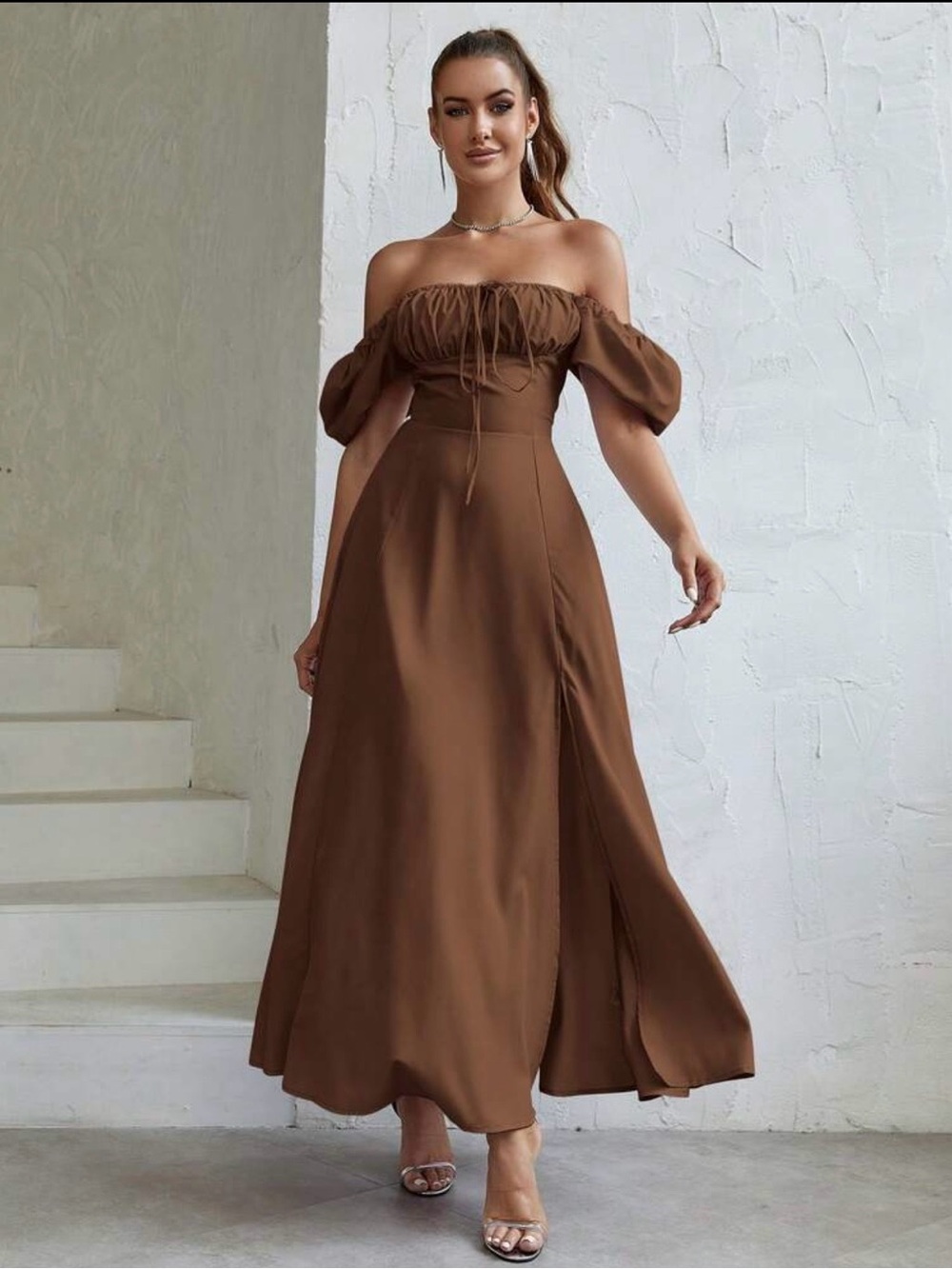 Off-Shoulder Brown Maxi Dress with Puff Sleeves